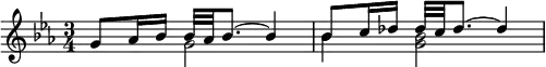 { \time 3/4 \key ees \major \relative g' { << { g8 aes16 bes bes32 aes bes8. ~ bes4 | bes8 c16 des des32 c des8. ~ des4 } \\ { s4 g,2 bes4 <bes g>2 } >> } }