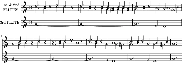 \new Grandstaff <<
\new Staff = "1st & 2nd flutes" \with {
instrumentName = \markup \center-column {
"1st. & 2nd."
"FLUTES."
}
midiInstrument = "Flute"
} <<
\new Voice = "first" \relative c'' {
\voiceOne
\key c \major
\override Staff.TimeSignature.style = #'single-digit
\time 3/1
d2. c4 d2 e d c
d2. c4 b2 c4 b a b c a
b2. c4 d2 g, g fis
g b c b d c
b2. c4 d2 e1 c2
d2. c4 d2 g, a1
b2. c4 d2 g, a2. b4
\once\override NoteColumn.ignore-collision = ##t
g1.
}
\new Voice = "second" \relative c'' {
\voiceTwo
\key c \major
\override Staff.TimeSignature.style = #'single-digit
\time 3/1
b2. a4 b2 c b a
b2. a4 g2 a4 g fis g a fis
g2. a4 b2 a a2. b4
g2 g a g b a
g2. a4 b2 c a1
b2. a4 b2 g g fis
g2. a4 b2 g g fis
\once\override NoteColumn.ignore-collision = ##t
g1.
}
>>
\new Staff = "3rd flute" \with {
instrumentName = "3rd FLUTE."
midiInstrument = "Flute"
} \relative c'' {
\key c \major
\override Staff.TimeSignature.style = #'single-digit
\time 3/1
\override NoteHead.style = #'mensural
g\breve*3/2~
g\breve*3/2~
\revert NoteHead.style
g1. e2 d1
\override NoteHead.style = #'mensural
g\breve*3/2~
g\breve*3/2~
\revert NoteHead.style
g1. e2 d1
g1. e2 d1
g1.
}
>>
\layout {
indent = 2\cm
}