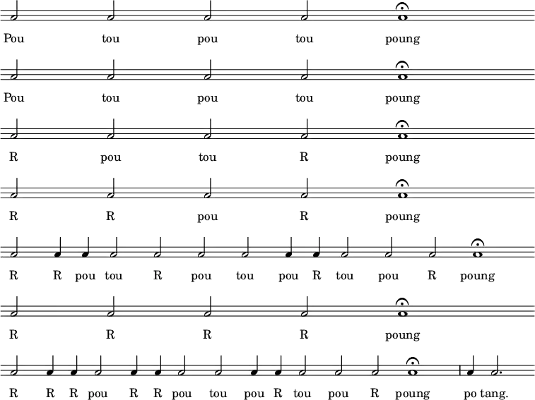 { \override Score.TimeSignature #'stencil = ##f \override Staff.StaffSymbol #'line-count = #3 \override Score.Clef #'stencil = ##f \clef percussion \override Score.BarNumber #'break-visibility = #'#(#f #f #f) \cadenzaOn \repeat unfold 4 { b2 b b b b1\fermata \bar "" \break } b2 b4 b b2 b b b b4 b b2 b b b1\fermata \bar "" \break b2 b b b b1\fermata \bar "" \break b2 b4 b b2 b4 b b2 b b4 b b2 b b b1\fermata \bar "|" b4 b2. }
\addlyrics { Pou tou pou tou poung Pou tou pou tou poung R pou tou R poung R R pou R poung R R pou tou R pou tou pou R tou pou R poung R R R R poung R R R pou R R pou tou pou R tou pou R poung po tang. }