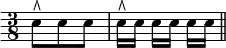 { \time 3/8 \override Score.Clef #'stencil = ##f \clef bass
 e8^\rtoe e e | e16^\rtoe e e[ e] e e \bar "||" }