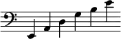 { \override Score.TimeSignature #'stencil = ##f \time 8/4 \clef bass \relative e, { e4 a d g b e } }