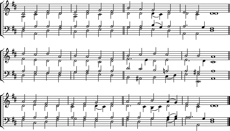 
\new ChoirStaff <<
  \new Staff { \clef treble \time 4/2 \key d \major \set Staff.midiInstrument = "church organ" \omit Staff.TimeSignature \set Score.tempoHideNote = ##t \override Score.BarNumber  #'transparent = ##t 
  \relative c'
  << { d2 e fis d | e fis g fis \bar"||" b a g fis | e e d1 \bar"||" \break
       d'2 cis d a | b a g fis \bar"||" b cis d cis | b b a1 \bar"||" \break
       a2 a fis d | e fis g fis \bar"||" a fis b a4( g) | fis2 e d1 \bar"|." } \\
  { a2 cis d d | a d cis d | d d d4( cis) d2 | d cis d1
    fis2 e d d | d d cis d | fis2. e4 d2 e | e2. d4 cis1
    d2 e d d | cis d d4( cis) d2 | d2. cis4 b( cis) d2 | d cis d1 } >>
  }
\new Staff { \clef bass \key d \major \set Staff.midiInstrument = "church organ" \omit Staff.TimeSignature 
  \relative c
  << { fis2 a a a | a a a a | g a b4( g) a2 | 2. g4 fis1
       a2 g fis fis | g a a a | d cis b a! | a gis a1
       a2 a a a | a a g a | a a g a4( b) | a2. g4 fis1 } \\
  { d2 a d fis | cis d e d | g fis e d | a a d1
    d2 e fis d | g fis e d | b ais b cis4( d) | e2 e a,1
    fis'2 cis d fis | g fis e d | fis d g fis4( g) | a2 a, d1 } \\
       \stemDown \shiftOff { s \breve | s | s | s 
         s | s | s | s2 \parenthesize e, } >>
  } 
>>
\layout { indent = #0 }
\midi { \tempo 2 = 66 }
