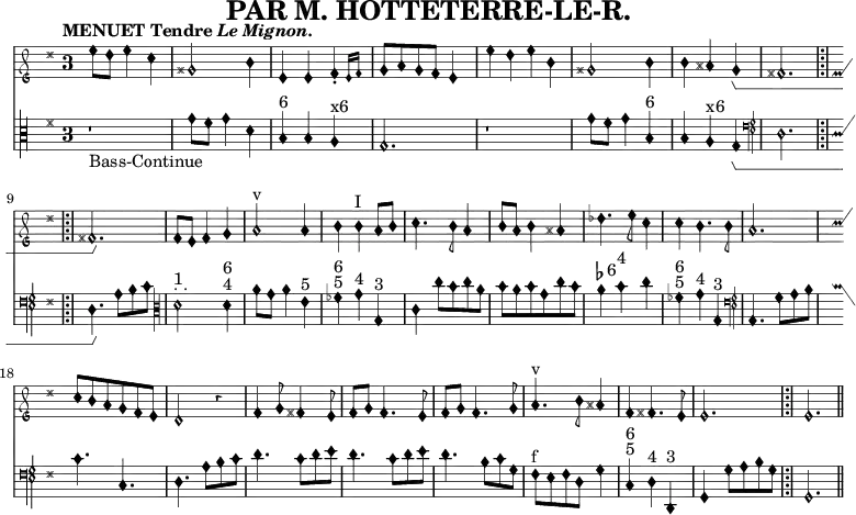 \defineBarLine "|;|" #'("|;|" "|;|" "|;|")
\header {
tagline = ##f
title = "PAR M. HOTTETERRE-LE-R."
}
\score {
\new GrandStaff <<
\new MensuralStaff = "flute" \with {midiInstrument="flute"} \relative c'' {
\clef "petrucci-g1"
\key g \major
\override Staff.TimeSignature.style = #'single-digit
\time 3/4
\tempo \markup {MENUET Tendre \italic {Le Mignon.}}
\override NoteHead.style = #'petrucci
\override TupletBracket.bracket-visibility = ##f
\omit TupletNumber
\autoBeamOn
g'8 fis g4 e
bis2 d4
g, g \afterGrace a(\staccato {g16 a)}
b8 c b a g4
\tuplet 3/2 {g' fis g} d
bis2 d4
d cis b\startGroup
ais2. \bar "|;|"
ais2.\stopGroup
a8 g a4 b
c2^"v" c4
d( d^"I" c8 d)
e4. d8 c4
d8 c d4 cis
fes4. g8 e4
e4 d4. d8
c2.
e8 d c b a g
fis2 r4
a4 b8 ais4 g8
a b a4. g8
a b a4. b8
c4.^"v" d8 cis4
a4 ais4. g8
g2. \bar "|;|"
g2. \bar "||"
}
\new MensuralVoice = "bass" \with {midiInstrument="acoustic bass"} \relative c'' {
\clef "petrucci-c3"
\key g \major
\override Staff.TimeSignature.style = #'single-digit
\time 3/4
\tempo \markup {MENUET Tendre \italic {Le Mignon.}}
\override NoteHead.style = #'petrucci
\autoBeamOn
r1*3/4_"Bass-Continue"
g8 fis g4 d
b^"6" b a^"x6"
g2.
r1*3/4
g'8 fis g4 b,^"6"
b a^"x6" g\startGroup
\clef "petrucci-f4"
d2. \bar "|;|"
d4.\stopGroup a'8 b c
\clef "petrucci-c3"
d2^". ."^"1" d4^"4"^"6"
a'8 g a4 e^"5"
fes^"5"^"6" g^"4" g,^"3"
c c'8 b c a
b a b g c b
a4^\markup {\flat6} b^"4" c
fes,^"5"^"6" g^"4" g,^"3"
\clef "petrucci-f4"
a,4. g'8 a b
c4. c,
d a'8 b c
d4. c8 d e
d4. c8 d e
d4. b8 c g
fis^"f" e fis d g4
c,^"5"^"6" d^"4" d,^"3"
g g'8 a b g \bar "|;|"
g,2. \bar "||"
}
>>
\layout {
indent = #0
\context {
\MensuralStaff
\consists Horizontal_bracket_engraver
\override BarLine.transparent = ##f % Notice two pound signs
}
}
\midi {
\tempo 4 = 112
}
}