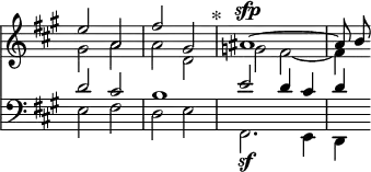 { \override Score.TimeSignature #'stencil = ##f << \new Staff \with {midiInstrument = #"violin"} \key a \major \relative e'' << { e2 a, fis' gis, \mark "*" ais1^\sfp ~ ais8 b } \\ { gis2 a a d, | g fis~ fis4 } >>
\new Staff \with {midiInstrument = #"cello"} { \clef bass \key a \major \relative d' << { d2 cis b1 e2 d4 cis d } \\ { e,2 fis d e fis,2.\sf e4 d } >> } >> }