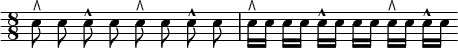 { \time 8/8 \override Score.Clef #'stencil = ##f \clef bass \autoBeamOff
 e8^\rtoe e e^^ e e^\rtoe e e^^ e |
 e16[^\rtoe e] e[ e] e[^^ e] e[ e] e[^\rtoe e] e[^^ e] }