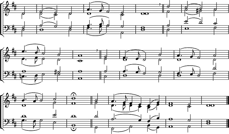
\new ChoirStaff <<
  \new Staff { \clef treble \time 3/2 \key d \major \partial 2 \set Staff.midiInstrument = "church organ" \omit Staff.TimeSignature \set Score.tempoHideNote = ##t \override Score.BarNumber  #'transparent = ##t 
  \relative c'
  << { d2 | fis( e) d | a'4.( g8 fis2) e | d1 \breathe \bar"||"
       d'2 | cis( b) a \break e'4.( d8 cis2) b | a1 \breathe \bar"||"
       g2 | fis4.( e8 d2) b' | a4.( g8 fis2) a \break
       b4.( a8 b2) cis | d1 \fermata \bar"||"
       b2 | a4.( g8 fis4 e) d( g) | fis1 e2 | d1 \bar"|." } \\
  { d2 | d( cis) d | d1 cis2 | d1 fis2 | a( gis) a 
    e4.( fis8 e2) d | cis1 e2 | d1 2 | 1 2
    d1 g2 | fis1 g2 | d4.( e8 d4 cis) b( e) | d1 cis2 | d1 } >>
  }
\new Staff { \clef bass \key d \major \set Staff.midiInstrument = "church organ" \omit Staff.TimeSignature
  \relative c
  << { fis2 | a( g) fis | a4.( b8 a2) g | fis1 a2 | e'( d) cis 
       a1 gis2 | a1 2 | 4.( g8 fis2) g | fis4.( e8 d2) d'
       d1 e2 | d1 2 | a2.( g4) fis( b) | a1 g2 | fis1 } \\
    { d2 | 1 2 | fis4.( g8 a2) a, | d1 2 | e1 fis2
      c4.( d8 e2) e | a,1 cis2 | d1 2 | 1 fis2
      g4.( fis8 g2) e | b1 \fermata g2 | fis( a) b4( g) | a1 2 | d1 } >>
  } 
>>
\layout { indent = #0 }
\midi { \tempo 2 = 69 }
