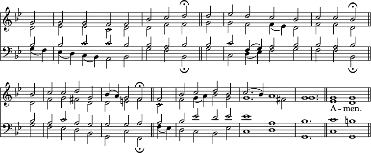 
<< <<
\new Staff { \clef treble \time 4/2 \partial 2 \key g \minor \set Staff.midiInstrument = "church organ" \omit Staff.TimeSignature \set Score.tempoHideNote = ##t \override Score.BarNumber  #'transparent = ##t
  \relative c''
  << { g2 | g g f f | bes c d \fermata \bar"||" d | es d c bes | c c bes \fermata \bar"||" \break
  bes | c c d g, | bes4( a) g2 f \fermata \bar"||" f | bes c d bes | c2.( bes4) a1 | \time 3/2 g1. \bar"||" \time 4/2 g1 g \bar"||" } \\
  { d2 | es es c d | d f f g | g f f4( es) d2 | f f d
  d | f g fis d | d e f c | f g4( a) bes2 g | g1. fis2 | g1. | es1 d | } >>
}
  \addlyrics {
     _ _ _ _ _ _ _ _ _ _ _ _ _ _ _ _
     _ _ _ _ _ _ _ _ _ _ _ _ _ _ _ _ _ _ _ _ _ A -- men.
   }
\new Staff { \clef bass \key g \minor \set Staff.midiInstrument = "church organ" \omit Staff.TimeSignature
  \relative c'
  << { bes2 | bes c c bes | bes a bes bes | c f,4( g) a2 bes | bes a bes
  bes | a c a g | g g a a | bes es d es | es1 a, | bes1. | c1 b | } \\
  { g4( f) | es( d) c( bes) a2 bes | g' f bes, \fermata g' | c, d4( es) f2 g | f f bes, \fermata 
  g' | f es d bes | g c f, \fermata f'4( es) | d2 c bes es | c1 d | g,1. | c1 g | } >>
}
>> >>
\layout { indent = #0 }
\midi { \tempo 2 = 50 }
