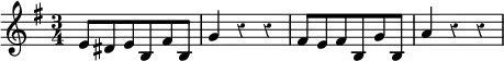 \relative e' { \key e \minor \time 3/4 \override Score.Rest #'style = #'classical e8 dis e b fis' b, | g'4 r r | fis8 e fis b, g' b, | a'4 r r }