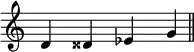 \relative c' {
  \clef treble
  \omit Staff.TimeSignature
  \override Staff.BarLine.break-visibility = ##(#f #f #f)
  d4 s4
  disis4 s4
  ees4 s4
  g4
  \revert Staff.BarLine.break-visibility
  \bar "||"
}
