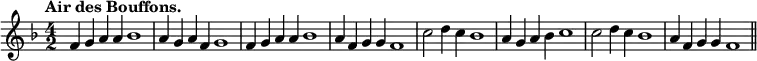 { \time 4/2 \key f \major \tempo "Air des Bouffons." \relative f' { f4 g a a bes1 | a4 g a f g1 | f4 g a a bes1 | a4 f g g f1 | c'2 d4 c bes1 | a4 g a bes c1 | c2 d4 c bes1 | a4 f g g f1 \bar "||" } }