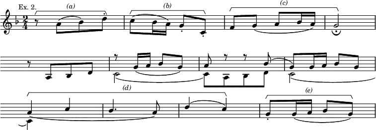 
\layout {
  \context {
    \Voice
    \consists "Horizontal_bracket_engraver"
    \override HorizontalBracket.direction = #UP
  }
  \context {
    \Score
    \omit BarNumber
  }
}
\relative c'' {
\time 2/4
\key f \major
\mark \markup \small "Ex. 2."
  { \once \override HorizontalBracketText.text = \markup \italic "(a)"
    r8\startGroup a[( bes) d-.]\stopGroup}
  { \once \override HorizontalBracketText.text = \markup \italic "(b)"
    c8(\startGroup bes16 a) g8-. c,-.\stopGroup}
  { \once \override HorizontalBracketText.text = \markup \italic "(c)"
    f8\startGroup g( a bes16 a) | \override Score.Script.direction = #DOWN g2\fermata\stopGroup}
\break
  \override Staff.Clef.transparent = ##t
  \override Staff.KeySignature.transparent = ##t
    r8 a,[ bes d] |
    << { r8 \override Slur.direction = #DOWN g16( a bes8 g8)} \\ {c,2(} >> |
    << { a'8 r r bes(} \\ {c,)[ a bes d]} >> |
    << { g8) g16 a bes8 g } \\ { c,2( } >>
\break
  \override Staff.Clef.transparent = ##t
  \override Staff.KeySignature.transparent = ##t
    <<{\override Slur.direction = #DOWN a'4(-\tweak HorizontalBracketText.text \markup \italic "(d)" \startGroup c | bes4. a8) \override Slur.direction = #UP d4( c)\stopGroup} \\ {c,4)} >>
  { \once \override HorizontalBracketText.text = \markup \italic "(e)"
  g'8-.\startGroup g16( a bes8 g8)\stopGroup | }
}
