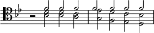{ \override Score.TimeSignature #'stencil = ##f \time 4/2 \key bes \major \clef tenor \relative f' { r2 << { f f f f f f f } \\ { <d bes> q <c a> <ees g,> <d f,> <c ees,> <bes d,> } >> } }