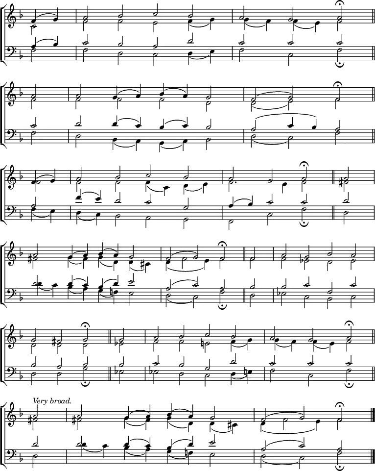
\new ChoirStaff <<
  \new Staff { \clef treble \time 4/2 \key f \major \partial 2 \set Staff.midiInstrument = "church organ" \omit Staff.TimeSignature \set Score.tempoHideNote = ##t \override Score.BarNumber  #'transparent = ##t
  \relative c'
  << { f4( g) | a2 bes c bes | a g a \fermata \bar"||" \break
       a | a g4( a ) bes( a) g2 | f( g) f \fermata \bar"||" \break
       f4( g) | a2 bes c bes | a g a \fermata \bar"||" a \break
       a g4( a) bes( a) g2 | f( g) f \fermata \bar"||" f | a g bes a \break
       g fis g \fermata \bar"||" g | a bes c bes | a g a \fermata \bar"||" \break
       a^\markup \italic "Very broad." | a g4( a) bes( a) g2 | f( g) f \fermata \bar"|." } \\
  { c2 | f f e f4( g) | g( f) f( e) f2
    f | f f f d | d( e) f
    f | f f f4( c) d( e) | f2. e4 f2 fis |
    fis g4( fis) g( d) d( cis) | d( f2 e4) f2 f | f es d es |
    d d d es | f f e! f4( g) | g( f) f( e) f2 
    fis | fis g4( fis) g( d) d( cis) | d( f2 e4) f2 } >>
  } 
\new Staff { \clef bass \key f \major \set Staff.midiInstrument = "church organ" \omit Staff.TimeSignature \override Staff.NoteHead.style = #'altdefault
  \relative c'
  << { a4( bes) | c2 bes a d | c c c
       c | d d4( c) bes( c) bes2 | a( c4 bes) a2 
       a | f'4( e) d2 c g | a4( bes) c2 c | d
       d d4( c) bes( d) e2 | a,( c) a bes | bes c f, c' |
       bes a bes bes | c bes g d' | c c c 
       d | d d4( c) bes( d) e2 | a,( c) a } \\
  { f2 | f d c d4( e) | f2 c f \fermata
    f d bes4( a) g( a) bes2 | d( c) f
    f4( e) | d( c) bes2 a g | f c' f \fermata d |
    d'4( c) bes( a) g( f!) e2 | d( c) f \fermata d | es c bes c |
    d d g \fermata es | es d c d4( e) | f2 c f \fermata
    d | d'4( c) bes( a) g( f!) e2 | d( c) f \fermata } >>
  } 
>>
\layout { indent = #0 }
\midi { \tempo 2 = 50 }
