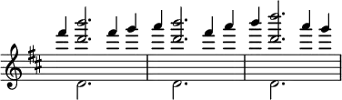 { \override Score.TimeSignature #'stencil = ##f \time 6/4 \key d \major \relative f''' { << { fis4 <d b'>2. fis4 g | a <b d,>2. fis4 a | b <d d,>2. a4 g } \\ { s4 d,,2. s2 | s4 d2. s2 | s4 d2. } >> } }