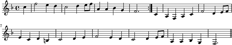 { \time 4/4 \key f \major \partial 4 \relative c'' { \repeat volta 2 { c4 f2 e4 d | c2 d4 e8 f | a,4 a bes g | f2. } c4 | a f a c f2 d4 e8 f | e4 c d b | c2 d4 e | f2 e4 d | c2 d4 e8 f | a,4 a bes g | f2. \bar "||" } }