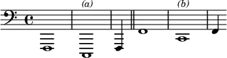 { \override Score.TimeSignautre #'stencil = ##f \relative f,, { \clef bass f1 c^\markup { \small \italic { (a) } }
\partial 4 f4 \bar "||" \clef bass f'1 c1^\markup { \small \italic { (b) } } f4 }}