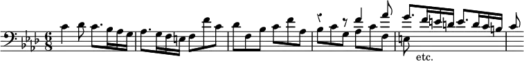 { \clef bass \override Score.Rest #'style = #'classical \time 6/8 \key f \minor << { \stemDown c'4 des'8 c'8. bes16 aes g } \\ { R } >> aes8. g16 f e f8 f' c' | des' f bes c' f' aes | << { \stemUp r4 r8 f'4 aes'8 | g'8. f'16 e' d' e'8. d'16 c' b | c'8 } \\ { \stemDown bes8 c' g aes c' f | e s_"etc." } >> }