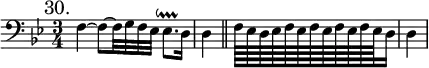 { \mark "30." \clef bass \key bes \major \time 3/4 \relative f {
f4 ~ f8 ~ f32 g f ees ees8.\downprall d16 \partial 4 d4 \bar "||" \partial 4
f64 ees d ees f ees f ees f ees f ees d16 | \partial 4 d4 } }