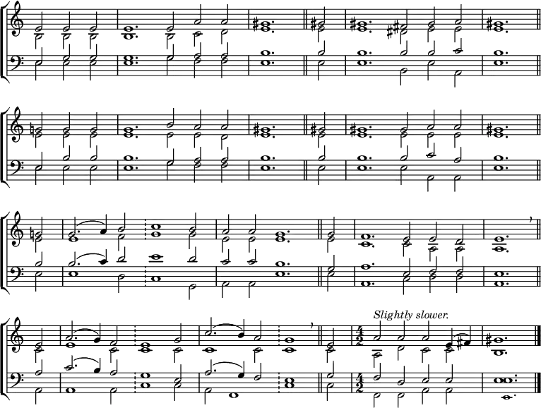 \new ChoirStaff <<
\new Staff { \clef treble \time 6/2 \key c \major \partial 1. \set Staff.midiInstrument = "church organ" \omit Staff.TimeSignature \set Score.tempoHideNote = ##t \override Score.BarNumber #'transparent = ##t
\relative c'
<< { e2 e e | e1. e2 a a | \time 4/2 gis1. \bar"||" gis!2 | \time 6/2 gis1. fis2 gis a | gis1. \bar"||" \break
g2 g g | g1. b2 a a | \time 4/2 gis1. \bar"||" gis!2 | \time 6/2 gis1. gis2 a a | \time 4/2 gis1. \bar"||" \break
g!2 | \time 6/2 g2.( a4) b2 \bar"!" c1 b2 | a a g1. \bar"||" g2 | f1. e2 e d | \time 4/2 e1. \breathe \bar"||" \break
e2 | \time 6/2 a2.( g4) f2 \bar"!" e1 g2 | c2.( b4) a2 \bar"!" g1 \breathe \bar"||" e2 | \undo \omit Staff.TimeSignature \time 4/2 ^\markup \italic "Slightly slower." a a a e4( fis) | gis1. \bar"|." } \\
{ b,2 b b | b1. b2 c d | e1. e2 | e1. dis2 e e | e1.
e2 e e | e1. e2 e d | e1. e2 | e1. e2 e e | e1.
e2 | e1 f2 g1 g2 | e e e1. e2 | c1. c2 a a | a1.
c2 | e1 c2 c1 c2 | c1 c2 c1 c2 | a d c c | b1. } >>
}
\new Staff { \clef bass \key c \major \set Staff.midiInstrument = "church organ" \omit Staff.TimeSignature \override Staff.NoteHead.style = #'altdefault
\relative c
<< { e2 g g | g1. g2 a a | b1. b2 | b1. b2 b c | b1.
e,2 b' b | b1. g2 a a | b1. b2 | b1. b2 c a | b1.
b2 | b2.( c4) d2 e1 d2 | c c b1. g2 | a1. e2 f f | e1.
a2 | c2.( b4) a2 g1 e2 | a2.( g4) f2 e1 g2 | \undo \omit Staff.TimeSignature f d e e | e1. } \\
{ e2 e e | e1. g2 f f | e1. e2 | e1. b2 e a, | e'1.
e2 e e | e1. g2 f f | e1. e2 | e1. e2 a, a | e'1.
e2 | e1 d2 c1 g2 | a a e'1. e2 | a,1. c2 d d | a1.
a2 | a1 a2 c1 c2 | a2 f1 c'1 c2 | f, f a a | e'1. } \\
\tiny { s1. | s1. s1. | s1. s2 | s1. s1. | s1.
s1. | s1. s1. | s1. s2 | s1. s1. | s1.
s2 | s1. s1. | s1. s1. | s1. s1. | s1.
s2 | s1. s1. | s1. s1. | s1 s1 | e,1. } >>
}
>>
\layout { indent = #0 }
\midi { \tempo 2 = 84 }