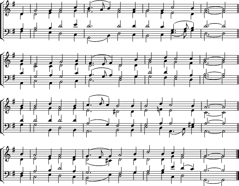 \new ChoirStaff <<
\new Staff { \clef treble \time 6/4 \key g \major \partial 4 \set Staff.midiInstrument = "church organ" \omit Staff.TimeSignature \set Score.tempoHideNote = ##t \override Score.BarNumber #'transparent = ##t
\relative c'
<< { d4 | g2 4 a2 c4 | b4.( a8 b4) a2 a4 | g2 4 c2 b4 | a2. ~ 2 \bar"||" \break
a4 | e2 fis4 g2 a4 | fis4.( e8 fis4) d2 b'4 | 2 d4 c2 4 | b2. ~ 2 \bar"||" \break
b4 | 2 d4 a2 b4 | c4.( d8 c4) b2 4 | 2 d4 c2 b4 | a2. ~ 2 \bar"||" \break
b4 | a2 g4 a2 fis4 | g4.( fis8 g4) a2 b4 | d2 b4 c a2 | g2. ~ 2 \bar"|." } \\
{ d4 | 2 e4 fis2 g4 | 2. fis2 4 | g2 e4 2 d4 | fis2. ~ 2
e4 | c2 4 d2 e4 | d2. 2 4 | g2 a4 g2 fis4 | g2. ~ 2
g4 | 2 4 fis2 g4 | e2. dis2 4 | e2 f4 e2 4 | c2. ~ 2
d4 | e2 4 fis2 d4 | 2( cis4) d2 4 | 2 4 g fis2 | g2. ~ 2 } >>
}
\new Staff { \clef bass \key g \major \set Staff.midiInstrument = "church organ" \omit Staff.TimeSignature
\relative c'
<< { a4 | b2 4 d2 e4 | d2. 2 4 | 2 c4 g4.( a8 b4) | d2. ~ 2
c4 | g2 a4 g2 c4 | a4.( g8 a4) fis2 g4 | d'2 4 g,2 a4 | b2. ~ 2
d4 | 2 4 2 4 | a2( g4) fis2 4 | g2 a4 2 gis4 | a2. ~ 2
fis4 | a2 b4 d2 a4 | g2. fis2 g4 | a2 b4 e d( c) | b2. ~ 2 } \\
{ fis4 | g2 e4 d2 c4 | g2( b4) d2 c4 | b2 c4 e4.( fis8) g4 | d2. ~ 2
a4 | c2 a4 b2 c4 | d2. 2 g4 | 2 fis4 e2 d4 | g2. ~ 2
g4 | 2 b,4 d2 b4 | a2. b2 4 | e2 d4 a4.( c8) e4 | a,2. ~ 2
d4 | c2 e4 d2 c4 | b2( e4) d2 g4 | fis2 g4 c, d2 | g,2. ~ 2 } >>
}
>>
\layout { indent = #0 }
\midi { \tempo 4 = 168 }