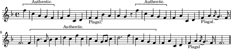 { \time 4/4 \key f \major \override Score.Rest #'style = #'classical \partial 4 \relative f'' { \[ f4 | c^\markup { \small Authentic. } a g f \] f a c, d | f_\markup { \small Plagal. } f bes a | a g r \[ f' | c^\markup { \small Authentic. } a g f \] f a c, d | f_\markup { \small Plagal. } a \acciaccatura a8 g4. f8 | f2. \[ f4 bes4. a8 bes4 c | d^\markup { \small Authentic. } c f c | c a g8 a c4 | d2. f4 | c a g f \] | f a c, d | f_\markup { \small Plagal } a \acciaccatura a8 g4.  f8 | f2. \bar "||" } }