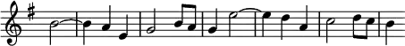 { \override Score.TimeSignature #'stencil = ##f \time 3/4 \key g \major \partial 2 \relative b' { b2 ~ b4 a e g2 b8 a | g4 e'2 ~ e4 d a c2 d8 c | b4 } }