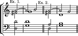 \new ChoirStaff << \override Score.TimeSignature #'stencil = ##f
\new Staff \relative a' { \time 2/2 \partial 2 \mark \markup \small "Ex. 1."
<< { a2 ~ a b \bar "||" \mark \markup \small "Ex. 2." \partial 2 a ~ a g \bar "||" } \\
{ fis2 g1 fis2 d1 } >> }
\new Staff \relative d { \clef bass
<d d'>2 <g d'>1 | << { a2 b1 } \\ { d,2 g1 } >> } >>