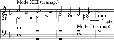 { \override Score.TimeSignature #'stencil = ##f << \new Staff { \key f \major \time 4/2 <<
\new Voice \relative e'' { \stemUp e2^"Mode XIII (transp.)." c d2. d4 | c2 bes a a^( | g1) }
\new Voice \relative e' { \stemDown e2. e4 f2 g | a g1 fis2_( | g1) } >> }
\new Staff { \key f \major \clef bass << { c'1 r | r r^"Mode I (transp)." } \\ { c1 r r d | g2 s^"etc." } >> } >> }