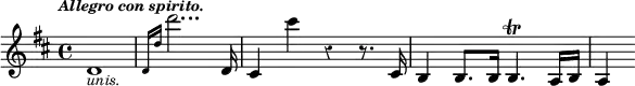 { \key d \major \override Score.Rest #'style = #'classical \time 4/4 \tempo \markup { \smaller \italic "Allegro con spirito." } \relative d' { d1_\markup { \smaller \italic unis. } \grace { d16[ d'] } d'2... d,,16 cis4 cis'' r r8. cis,,16 b4 b8. b16 b4.\trill a16 b a4 } }