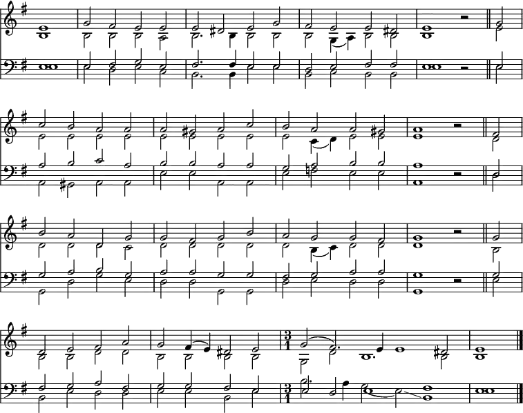 
<< <<
\new Staff \with {\consists "Merge_rests_engraver"}
  { \clef treble \time 4/2 \partial 1 \key g \major \set Staff.midiInstrument = "flute" \set Score.tempoHideNote = ##t \override Score.BarNumber  #'transparent = ##t 
  \relative c'
  << { \once \omit Staff.TimeSignature e1 | g2 fis e e | e dis e g | fis e e dis | e1 r2 \bar"||"
  g2 \break | c b a a | a gis a c | b a a gis | a1 r2 \bar"||"
  fis2 \break | b a d, g | g fis g b | a g g fis | g1 r2 \bar"||"
  g2 \break | d e fis a | g fis4( e) dis2 e | \time 3/1 g2( fis2.) e4 e1 dis2 | e1 \bar"|." } \\
  { b1 | b2 b b a | b2. b4 b2 b | b g4( a) b2 b | b1 r2
  e2 | e e e e | e e e e | e c4( d) e2 e | e1 r2
  d2 | d d d c | d d d d | d b4( c) d2 d | d1 r2
  b2 | b b d d | b b b b | g d' b1. b2 | b1 } >>
}
\new Staff \with {\consists "Merge_rests_engraver"}
  { \clef bass \key g \major \set Staff.midiInstrument = "flute" 
  \relative c
  << { \once \omit Staff.TimeSignature e1 | e2 fis g e | fis2. fis4 e2 e | d e fis fis | e1 r2
  e2 | a b c a | b b a a | g a b b | a1 r2
  d,2 | g a b g | a a g g | fis g a a | g1 r2
  g2 | fis g a fis | g g fis e | e d e1 fis | e } \\
  { e1 | e2 d e c | b2. b4 e2 e | b c b b | e1 r2
  e2 | a, gis a a | e' e a, a | e' f e e | a,1 r2
  d2 | g, d' g e | d d g, g | d' e d d | g,1 r2
  e'2 | b e d d | e e b e | b'2. a4 g2( e)\glissando b1 | e } >>
}
>> >>
\layout { indent = #0 }
\midi { \tempo 2 = 69 }
