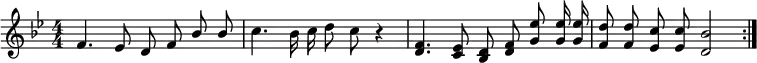 
    \relative c' {
    \key bes \major \time 4/4
    \numericTimeSignature
    \override Score.BarNumber #'break-visibility = #'#(#f #f #f)
    \repeat volta 2 {
    \autoBeamOff \stemUp
        f4. ees8 d f bes bes
    \stemDown
        c4. bes16 c d8 c r4
    \stemUp
        <d, f>4. <c ees>8 <bes d> <d f> <g ees'> <g ees'>16 <g ees'>
        <f d'>8 <f d'> <ees c'> <ees c'> <d bes'>2 }
	}
