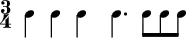 { \new RhythmicStaff { \time 3/4 \stopStaff \stemDown c4 c c | c4. c8[ c c] | } }