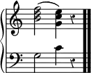 \new PianoStaff << \new Staff \relative { \time 4/4 \override Score.TimeSignature #'stencil = ##f \override Staff.Rest.style = #'classical <b' d f>2(<g c e>4) r \bar ".." } \new Staff { \clef bass \override Staff.Rest.style = #'classical g2 c'4 r } >>