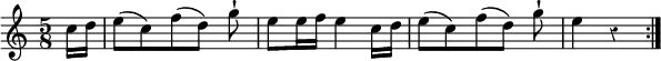 { \new Staff { \time 5/8 \override Score.Rest #'style = #'classical \partial 8 \relative c'' { \repeat volta 2 { c16 d | e8([ c) f( d)] g\staccatissimo | e8[ e16 f] e4 c16[ d] | e8[( c) f( d)] g\staccatissimo | e4 r } } } }