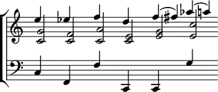 \layout {
\context {
\ChoirStaff
\consists #Span_stem_engraver
}
}
{ \new ChoirStaff <<
\new Staff <<
\new Voice \relative e'' { \time 8/2 \override Score.TimeSignature #'stencil = ##f \stemUp
e4 s ees s f s d s f^( fis) aes^( a) }
\new Voice \relative g' { \stemUp
<g c,>2 <f c> <a c,> <e c> <g e> <c e,> }
>>
\new Staff { \clef bass \voiceOne
\crossStaff { c4 s f, s f s c, s c, s g s } }
>>
}
\midi { }
\header { tagline = ##f }