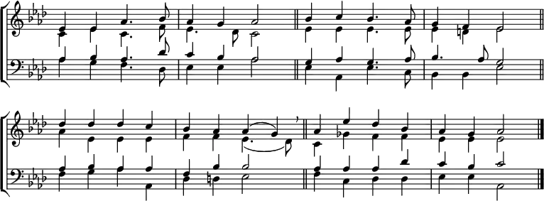 \new ChoirStaff <<
\new Staff { \clef treble \time 4/4 \key aes \major \set Staff.midiInstrument = "church organ" \omit Staff.TimeSignature \set Score.tempoHideNote = ##t \override Score.BarNumber #'transparent = ##t
\relative c'
<< { es4 4 aes4. bes8 | aes4 g aes2 \bar"||"
bes4 c bes4. aes8 | g4 f es2 \bar"||" \break
des'4 4 4 c | bes aes aes( g) \breathe \bar"||"
aes es' des bes | aes g aes2 \bar"|." } \\
{ c,4 es c4. f8 | es4. des8 c2 | es4 4 4. 8 | 4 d es2
aes4 es es es | f f es4.( des8) | c4 ges' f f | es es es2 } >>
}
\new Staff { \clef bass \key aes \major \set Staff.midiInstrument = "church organ" \omit Staff.TimeSignature
\relative c'
<< { aes4 bes aes4. des8 | c4 bes aes2 | g4 aes g4. aes8 | bes4. aes8 g2
aes4 bes aes aes | f bes bes2 | aes4 4 4 des | c bes c2 } \\
{ aes4 g f4. des8 | es4 4 aes2 | es4 aes, es'4. c8 | bes4 4 es2
f4 g aes aes, | des d es2 | f4 c des des | es es aes,2 } >>
}
>>
\layout { indent = #0 }
\midi { \tempo 4 = 100 }