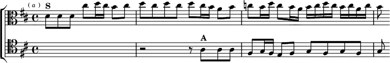 \new ChoirStaff <<
\new Staff \relative d' { \clef alto \key d \major \time 4/4 \partial 2.. \mark \markup \tiny { ( \italic a ) }
d8^\markup \bold "S" d d cis' d16 cis b8 cis |
d cis d cis d cis16 b a8 b |
c b16 d c8 b16 a b c d c b c a c | b8 }
\new Staff \relative a { \clef tenor \key d \major
R2.. | r2 r8 a^\markup \bold "A" a a |
fis g16 fis e8 fis g fis g fis | g } >>