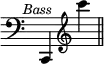 { \override Score.TimeSignature #'stencil = ##f \clef bass c,4^\markup { \halign #0.25 \smaller \italic Bass } \clef treble c''' \bar "||" }