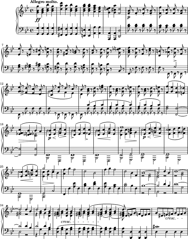 #(set-global-staff-size 18)
\version "2.14.2"
\header {
tagline = ##f }
\score { \new GrandStaff << \time 4/4 \new Staff { \key g \minor \tempo "Allegro molto."
\relative g'' { <g bes, g>4\ff <d bes g> <bes' d, bes> <g d bes> |
<d' a d,> <a d,> <bes d, bes> <g d bes> |
<bes g d bes> <bes g d bes> <a f d a> <f d a> |
<e d g,> <a cis, g> <d, f,>2 |
<bes f>8-.\p r f-. r <d' f,>-. r <bes f>-. r |
<f' f,> r <c f,> r <d f,> r <bes f> r |
<ees ees,> r <d e,> r <cis e,> r <e a,> r |
<d a> r <c fis,> r <b g> r <d g,> r |
<c g> r <d g,> r <ees g,> r <e des g,> r |
<f c a> r <ees g,> r <d f,> r <c ees> r |
<b d,> r <f' aes,> r <ees g,> r <d f,> r |
<< { <ees g,> r <d f,> r <c ees,> r <bes d,> r | <a c,> r <ees' g,> r d r c r | bes r }
\\
{ g1-> ~ | g2\( f4 ees\) | d } >>
<c' a>8 r <d g,> r <e g> r |
<f f,> r <c a> r <d g,> r <e g,> r |
<f f,> r <c a> r <d g,> r <e g,> r |
<< { <f f,>4\( <ees g,> <d f,> <des e,>\) |
<c f, ees!>\>\( <bes e, des> bes\! a\) |
<bes d,>\p\<\( <c ees,>\! <d f,>\> <c ees,>\!\) |
<bes d,>\( <c ees,> <d f,> <c ees,>\) |
<bes d,>\(\< <c ees,> <d f,>\! <c ees,>\) | f1 |
<c ees,>4\p\<\( <d f,>\! <ees g,>\> <d f,>\)\! | c2 g |
<c ees,>4\<\( <d f,> <ees g,>\! <d f,>\) | g2 ees } \\
{ s2 f, s <ees c> | bes' a | bes-> f-> | bes a |
<bes d,>4 <c ees,>\> <d b f> g,\! | c2 b |
<c ees,>4\( <d f,> <ees g,> <d f,>\) | c2 b |
<c ees,>4\> <d g,> c\! bes } >>
<f' a,>4 g f2 | d bes | f'4 g f2 | d2 bes4 f |
<< { bes1 ~ | bes2 d4 bes | d1 ~ | d2 d4 bes |
d2 d4 bes | <d d,>2 <d g, d>4 bes | <d d,>2 <d a fis>4\( <bes g> |
<d a fis> <bes g> <d a fis> <bes g> | d8\) } \\
{ r2 <g, ees> | <f d> r | r <bes g> | <a fis> r |
r4 <bes g> g <g d> | <a fis> <bes g>\cresc s <g d> | <a fis> <bes g> d,2 |
d\! ~ d ~ | <d fis a>8 } >>
d8 e g f d e f | g dis e\cresc fis g e fis g\! |
} }
\new Staff { \key g \minor \clef bass \relative g {
<g g,>4 <g g,> <g g,> <g g,> |
<fis fis,> <fis fis,> <g g,> <g g,> |
<e e,> <e e,> <a a,> <a a,> |
<a, a,> <a a,> <d d,>2 |
<d' bes>8 r <d bes> r <d bes> r <d bes> r |
<c a> r <c a> r <d bes> r <d bes> r |
<bes g> r <b gis> r <cis a> r <cis g> r |
<d fis,> r <d d,> r <d g,> r <bes f> r |
<c ees,> r <b d,> r <c c,> r bes, r |
f r f' r f r f r | f r
<< { s4 g2-> | s1 | s | s4\( c bes c | a c bes c\) | a\( c bes c\) }
\\
{ f,,8 r f r f r | f r f' r f r f r | f r f, r f r f r | f r f' r f r f r |
f r f r f r f r | f r f r f r f r | } >>
<a f>2 <f f,> ~ | <f f,> <f f,> |
<< { f,1 | f | f | f2 g | g1 | g1 | g1 | g2 c }
\\
{ bes,2 f | bes f | bes f | bes g | c g | c g | c g | c } >>
f4 f' <a ees'> f | <bes d> f <d' f> f, | <a ees'> f <a c> f | <bes d>2 bes4 f |
<< { bes1 ~ | bes2 d4 bes | d1 ~ | d2 d4 bes | d2 d4 bes } \\
{ r2 ees, | bes r | r g' | d r | r4 g bes, g' } >>
<a d,>4\( <bes g> <g bes,> <bes g> | <a d,> <bes g> <a d,> <bes g> |
<a d,>4\) <bes g> <a d,> <bes g> | <a d,> <d, d,> <d d,> <d d,> |
<< { cis'1 } \\
{ d,4 d d d } >>
} } >>
\midi { }
\layout { } }