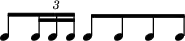 { \override Score.TimeSignature #'stencil = ##f \new RhythmicStaff \stopStaff c8[ \override TupletBracket #'bracket-visibility = ##f \times 2/3 { c16 c c] } c8[ c c c] }