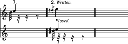 { \override Score.TimeSignature #'stencil = ##f \time 1/4 << { << { c''4^\markup { 1. } } \\ { \once \override NoteColumn.force-hshift = #-1.7 b'32 r r16 r8 } >> \bar "||" \acciaccatura dis''8^\markup { 2. \italic \smaller Written. } e''4 \bar "||" s8 }
\new Staff { s4 | << { e''4^\markup { \smaller \italic Played. } } \\ {\once \override NoteColumn.force-hshift = #-1.7 dis''64 r r32 r16 r8 | } >> | s8 } >> }