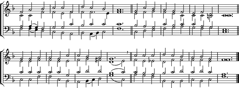 \new ChoirStaff <<
\new Staff { \clef treble \time 3/2 \key f \major \set Staff.midiInstrument = "church organ" \omit Staff.TimeSignature \set Score.tempoHideNote = ##t \override Score.BarNumber #'transparent = ##t
\relative c'
<< { f2 a bes | c c f, | d' c bes | a1. \bar"||"
g2 c bes | a g f | e f d | c1. \bar"||"
g'2 g a | a g c | c bes a | g1. \breathe \bar"||"
c2 c c | d c bes | a bes g | f1. \bar"|." } \\
{ c2 c f | f e f | f f2. e4 | f1. | e2 f g | f e c | c c b | c1.
e2 e f | f e e | f g fis | d1( e2) | f e es | d f f | f f e | f1. } >>
}
\new Staff { \clef bass \key f \major \set Staff.midiInstrument = "church organ" \omit Staff.TimeSignature
\relative c'
<< { a2 4( g) f2 | g g c | bes c c | c1. | bes2 a g | c bes c | c a g | e1.
c'2 c c | c c g | c d d | bes1( c2) | c bes a | bes c d | c d c | a1. } \\
{ f2 4( e) d2 | c bes a | bes a4( bes) c2 | f1. | c2 d e | f g a | g f g | c,1.
c2 c f | f c bes | a bes4( c) d2 | g1( c,2) | a'2 g f | bes, a bes | c bes c | f1. } >>
}
>>
\layout { indent = #0 }
\midi { \tempo 2 = 80 }