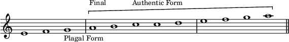 { \override Score.TimeSignature #'stencil = ##f \cadenzaOn e'1 f' g'_\markup { \small "Plagal Form" } \[ \bar "|" a'^\markup { \small Final } b' c''^\markup { \small "Authentic Form" } c'' d'' \bar "|" e'' f'' g'' a'' \] \bar "||" }