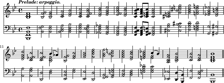 \new pianoStaff <<
 \new Staff { \tempo \markup \italic "Prelude: arpeggio." \key bes \major \time 4/4 \relative f' {
  <f d bes>1 | <g f bes,>2 <g ees bes> | <a ees c> <bes f d> |
  <c g ees c> <c a f ees c> | <d bes f d> <ees bes g ees> %end line 1
  <ees c a f ees> <d bes f d> |
  <c bes f c>4 <c a f c>8 <c g e c> <c a f c>2 \bar "||"
  <g e cis>2 <g' e cis bes g> |
  <g d bes g> <f! d a f!> | <ees! bes g ees!> <d b f d> | %end line 2
  <d a f d> <c f, ees! c> |
  <c f, ees c> << { bes4^( aes) } \\ { <f d bes>2 } >> |
  <g f bes,>2 <c g ees> | <c a f> <f d bes f> |
  <f bes, g> <e c bes g> | %end line 3
  <ees c a f> <d bes f d>
  <des bes g e> << { c4^( bes) } \\ { <g e>2 } >> |
  <a f c a>2 <bes f d bes> | <bes f c> <a ees c> | <bes f d bes>1
 } }
 \new Staff { \clef bass \key bes \major \relative f {
  <f bes, f bes,>1 | <bes, f' g>2 <bes ees g> |
  <bes c ees a> <bes d f bes> | <bes ees g bes> <a c ees f a> |
  <aes d f aes> <g bes ees g> | %end line 1
  <f a c f> <f bes d f> | <f bes c f>4 <f a c f>8 <f g bes e> <f a c f>2 |
  <cis' g' bes>2 <cis g' bes cis> |
  <d g bes d> <d f! a d> | <g, g'> <gis gis'> | %end line 2
  <a a'> <a f' a> | <d, d'> <d' f> | <ees bes ees,> <ees g> |
  <ees, ees'> <d d'> | <g bes f> <g bes e g> | %end line 3
  <a c f> <bes d f> | <e g bes des> <e g c> |
  <ees,! ees'!> <d d'>4^( <bes bes'>) |
  <f' f'>2 <f c' ees f> | <bes bes,>1 \bar "||"
 } }
>>
