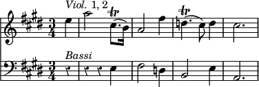 { \override Score.Rest #'style = #'classical
\time 3/4 \partial 4
<< { \clef treble \key e \major \relative c''
{ e4^\markup { \italic Viol. 1, 2 } | a2 cis,8.\trill( b16) | a2 fis'4 | d4.\trill( cis8) d4 | cis2. | } }
\new Staff
{ \clef bass \key e \major \relative c
{ r4^\markup { \italic Bassi } | r r e | fis2 d4 | b2 e4 | a,2. | } }
>>
}