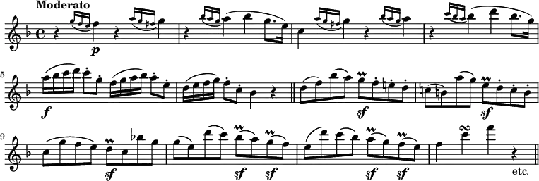 \new Staff = "flute" \with {midiInstrument = "flute"} \relative c'' {
\key f \major
\tempo "Moderato"
r4 \acciaccatura {g'16 f e} f4\p r \acciaccatura {a16 g fis} g4
r \acciaccatura {bes16 a g} a4( bes g8. e16)
c4 \acciaccatura {a'16 g fis} g4 r \acciaccatura {bes16 a g} a4
r \acciaccatura {c16 bes a} bes4( d bes8. g16)
a16(\f bes c d) c8\staccato g\staccato f16( g a bes) a8\staccato e\staccato
d16( e f g) f8\staccato c\staccato bes4 r \bar "||"
d8( f) bes( a) g\prall\sf f\staccato e!\staccato d\staccato
c!( b) a'( g) e\prall\sf d\staccato c\staccato b\staccato
c( g' f e) d\prall\sf c bes'! g
g( e) d'( c) bes\prall\sf( a) g\prall\sf( f)
e( d') c( bes) a\prall\sf( g) f\prall\sf( e)
f4 c'\turn f r_"etc." \bar "||"
}