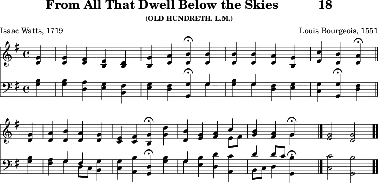 \version "2.16.2" 
\header { tagline = ##f title = \markup { "From All That Dwell Below the Skies" "          " "18" } subsubtitle = "(OLD HUNDRETH. L.M.)" composer = "Louis Bourgeois, 1551" poet = "Isaac Watts, 1719" }
\score { << << \new Staff { \key g \major \set Staff.midiInstrument = "church organ" \time 4/4 \partial 4 \relative g' {
  <g d>4 | q <fis d> <e b> <d b> |
  <g b,> <a d,> <b d,>\fermata q |
  q q <a d,> <g b,> | <c e,> <b d,> <a d,>\fermata \bar "||" \break
  <g d> | <a d,> <b d,> <a d,> <g d> |
  <e c> <fis c> <g b,>\fermata <g d'> |
  <b d,> <g e> <a fis> << { c } \\ { e,8[ fis] } >> |
  <b g>4 <a fis> << { g\fermata } \\ { g } >> s \bar "|."
  <g e>2 <g d> \bar ".." } }
\new Staff { \clef bass \key g \major \set Staff.midiInstrument = "church organ" \relative g {
  <g b>4 | q <d a'> <e g> <b fis'> |
  <e g> <d fis> <g, g'>\fermata << { g' } \\ { g } >> |
  <g b> << { g } \\ { g } >> <d fis> <e g> |
  <c g'> <g g'>\fermata <d' fis> % end of first line
  <g b> | <fis a> << { g fis } \\ { g d8[ c] } >> <b g'>4 |
  <c g'> <a b'> <g d'>\fermata <g' b> |
  << { g } \\ { g } >> <e b'> <d d'> <a c'> |
  << { d' d8[ c] } \\ { b,8[ c] d4 } >> <g, b'>\fermata s
  <c c'>2 <g b'> } } >> >>
\layout { indent = #0 }
\midi { \tempo 4 = 76 } }
