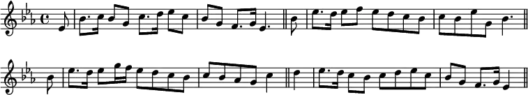 { \time 4/4 \key ees \major \partial 8 \relative e' { ees8 bes'8. c16 bes8 g c8. d16 ees8 c | bes8 g f8. g16 ees4. \bar "||" bes'8 | ees8. d16 ees8 f ees d c bes | c bes ees g, bes4. \bar "||" bes8 | ees8. d16 ees8 g16 f ees8 d c bes | c bes aes g c4 \bar "||" d | ees8. d16 c8 bes c d ees c | bes g f8. g16 ees4 \bar "||" } }