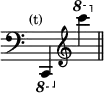 { \override Score.TimeSignature #'stencil = ##f \time 2/4 \tempo \markup { \smaller \medium "(t)" } \ottava #-1 \clef bass c,, \ottava #1 \clef treble c'''' \bar "||" }