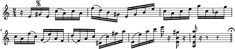 { \override Score.Rest #'style = #'classical \time 2/4 \relative e' { r16 e gis^\markup { \musicglyph #"scripts.segno" } e c'( a) c a | f'( d) b gis e gis b e | c a c e a c, bes g' | c, a f'( c) g( e') a, f | d'( f,) a c dis,( c') fis a | e,( e') a c e r <gis, b, e,> r <a c, e, a,> r r8 r4 \mark \markup { \musicglyph #"scripts.ufermata" } \bar "||" } }
